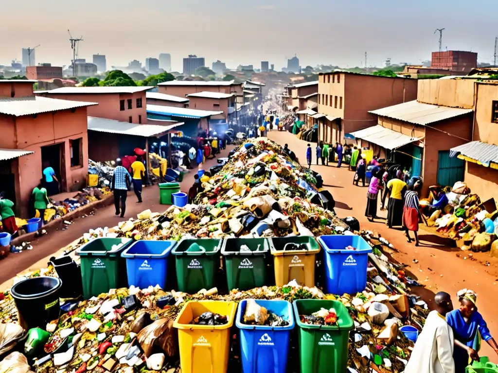 Una ciudad africana bulliciosa con personas clasificando desechos, con instalaciones de reciclaje innovadoras y una gestión sostenible de residuos