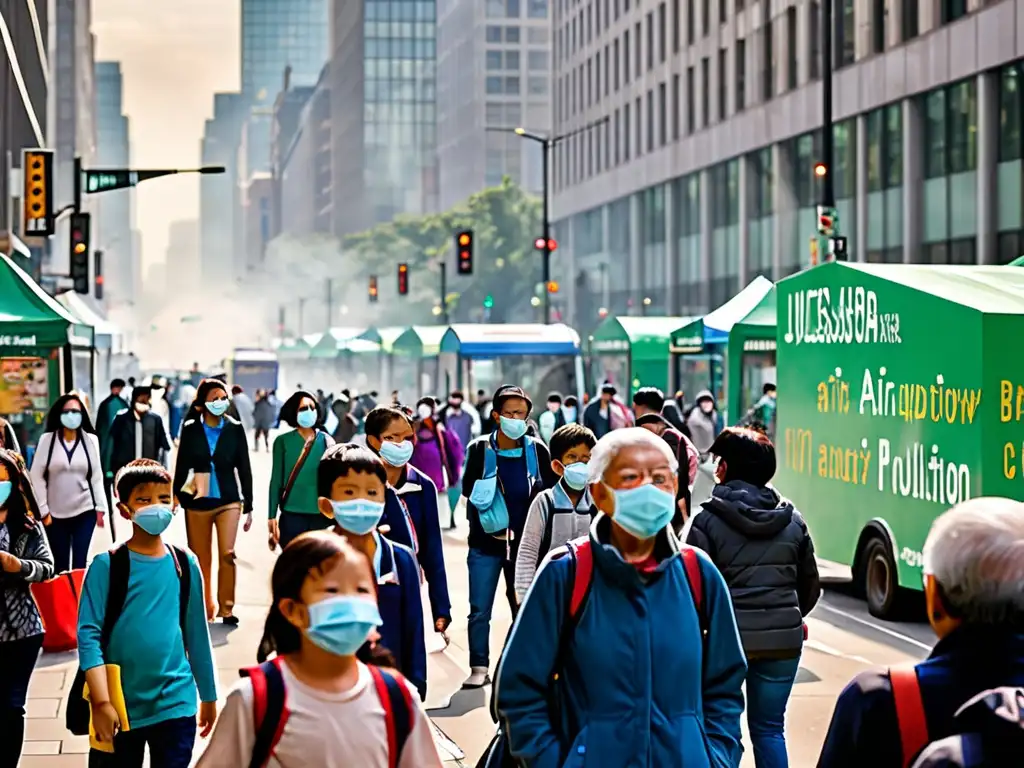 Una ciudad con aire contaminado, gente usando mascarillas