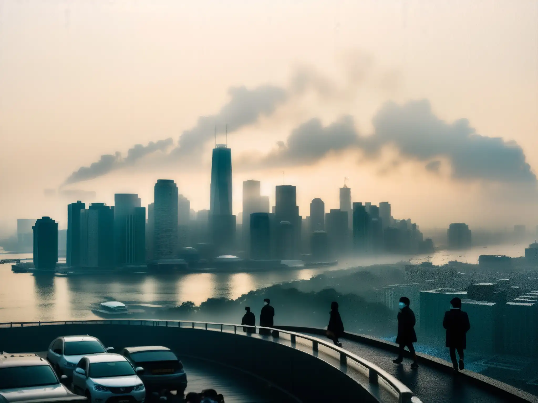 La ciudad bulliciosa se ve envuelta en smog, con personas usando mascarillas