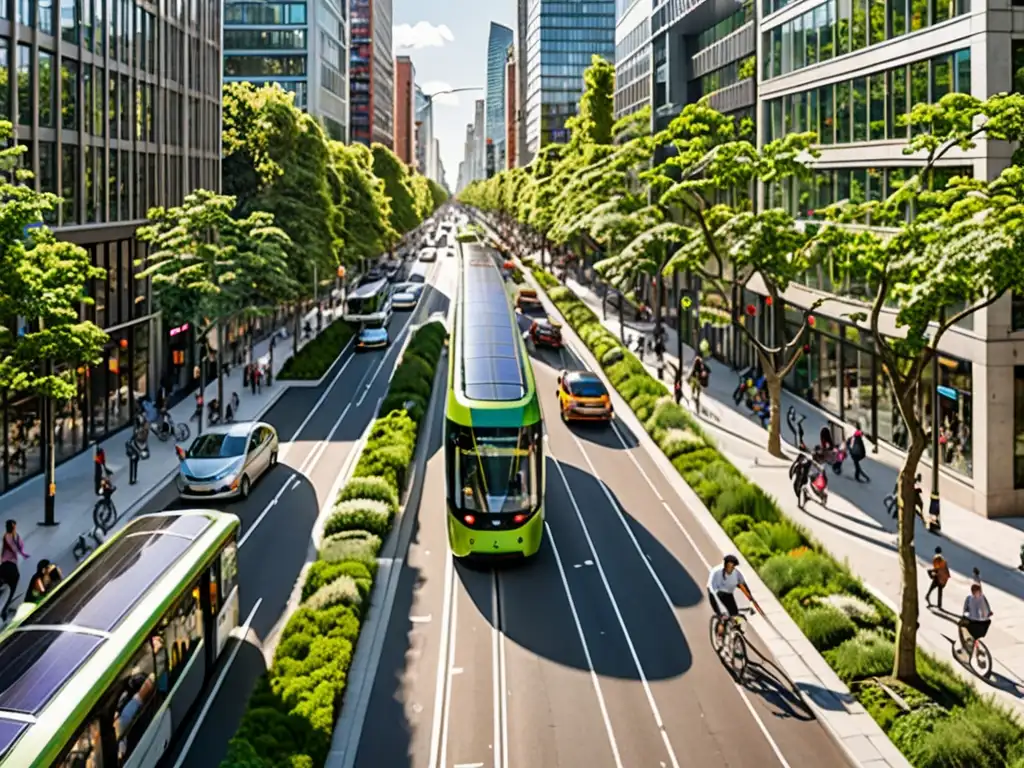 Una ciudad bulliciosa con estrategias de movilidad urbana sostenible, repleta de peatones, ciclistas y autobuses eléctricos entre edificios verdes