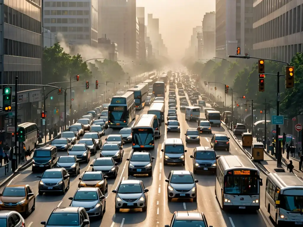 Una ciudad bulliciosa llena de tráfico, con vehículos emitiendo humo