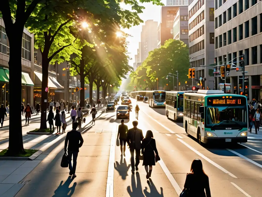 Una ciudad bulliciosa con luz solar filtrándose entre edificios, gente caminando y árboles verdes