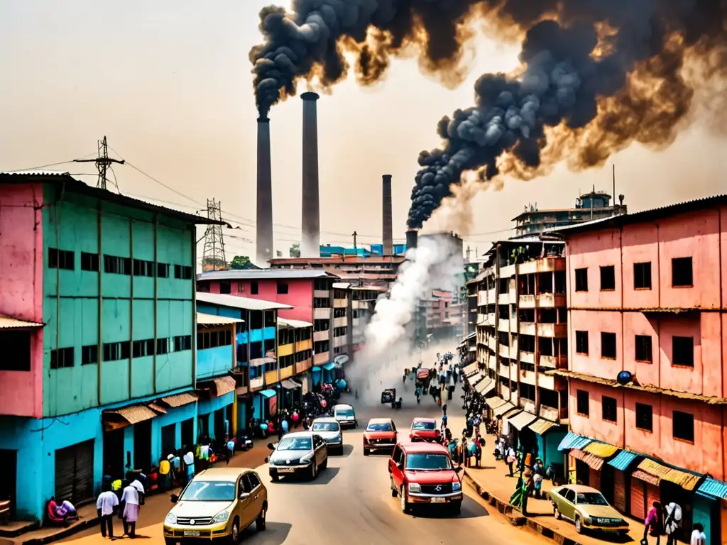 Contraste urbano-industrial: Desarrollo sostenible en ciudad vibrante Una ciudad bulliciosa en un país en desarrollo con arquitectura tradicional y moderna