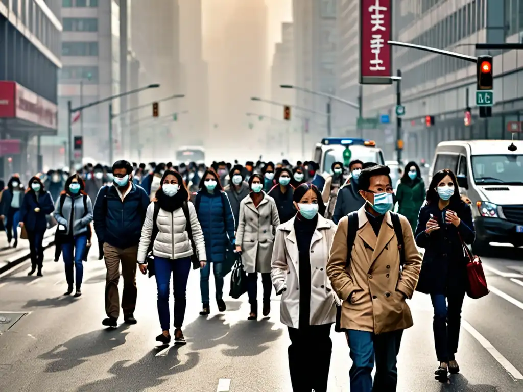 Una ciudad bulliciosa, con personas usando mascarillas por la contaminación