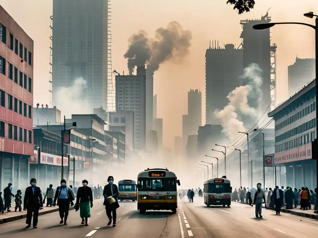 Una ciudad bulliciosa con rascacielos modernos y arquitectura tradicional envuelta en una capa de smog