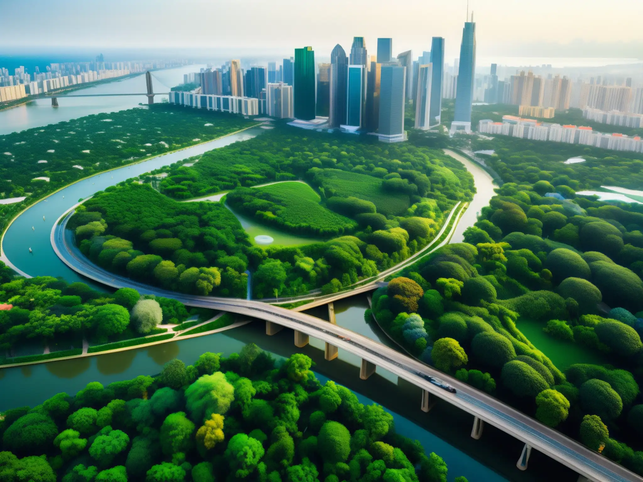 Una ciudad bulliciosa con rascacielos rodeados de exuberante vegetación, mostrando la yuxtaposición entre desarrollo urbano y conservación ambiental