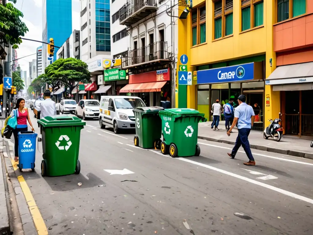 Una ciudad bulliciosa con sistemas de gestión de residuos como contenedores de reciclaje y camiones de recolección de basura