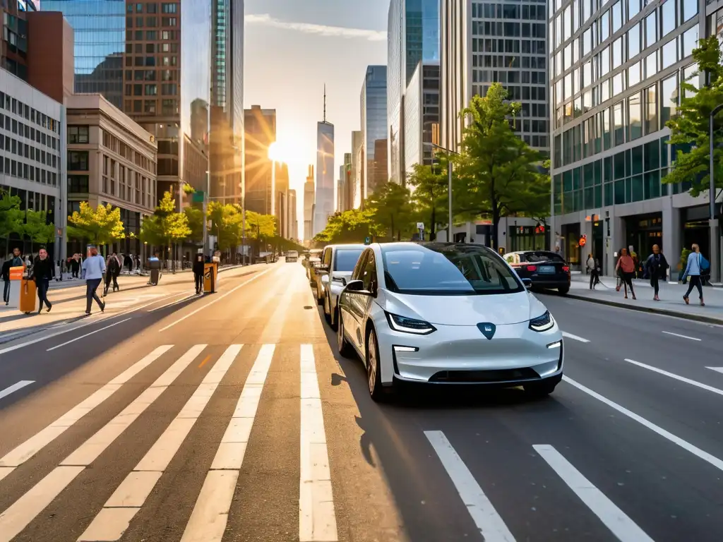 Una ciudad bulliciosa con vehículos eléctricos, peatones y ciclistas bajo la cálida luz del atardecer