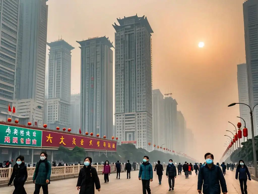 Una ciudad china envuelta en smog, con rascacielos emergiendo entre la neblina y figuras solitarias usando mascarillas