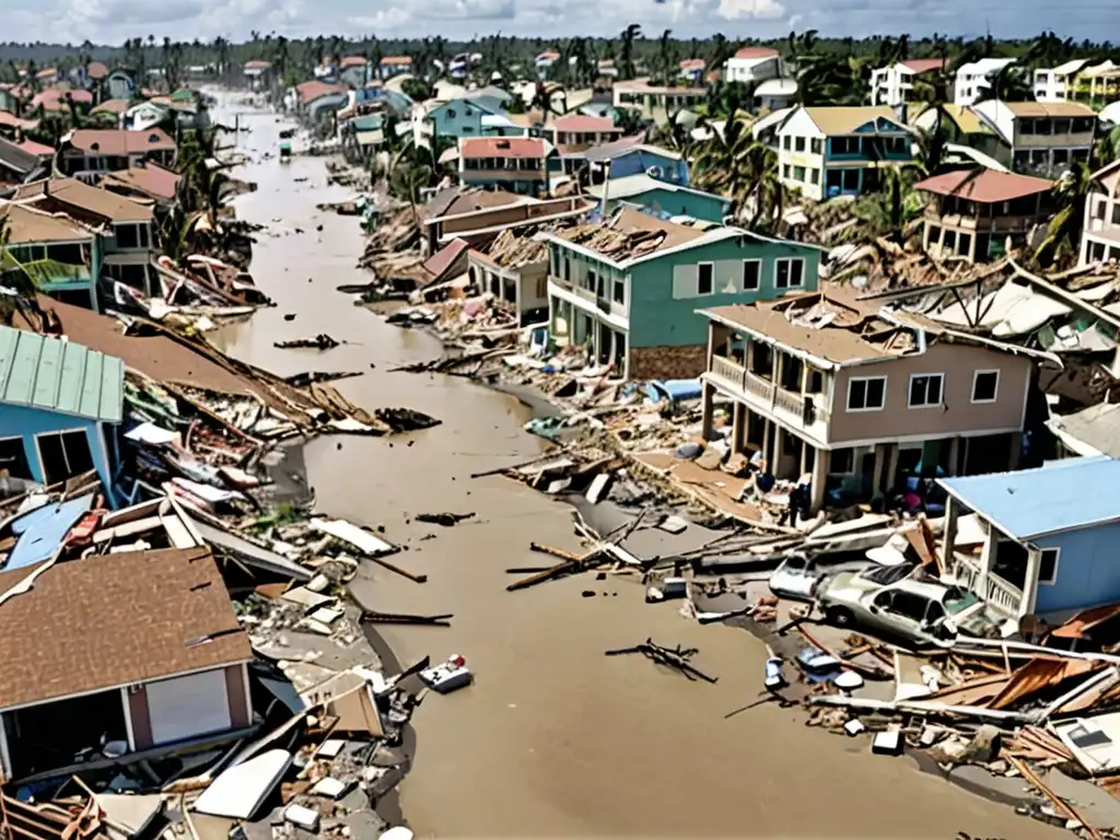 Una ciudad costera devastada por un desastre natural, con edificios derrumbados y residentes desplazados