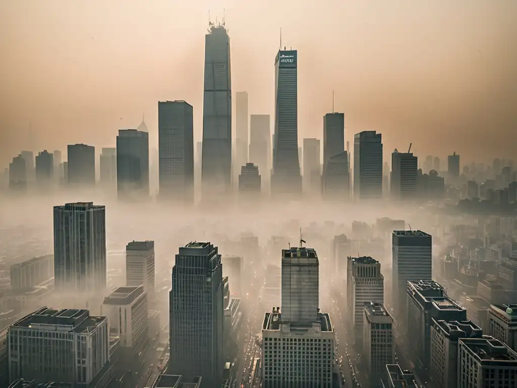 Una ciudad cubierta por smog, con personas usando mascarillas en las calles