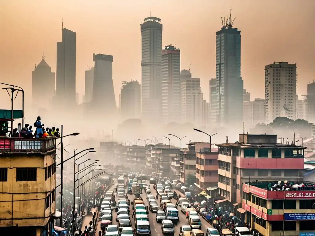 Contaminación urbana en país en desarrollo: Impacto en la salud Una ciudad en desarrollo con smog denso y personas usando máscaras faciales