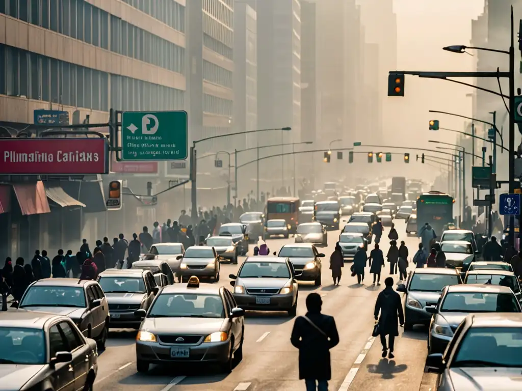 Contaminación atmosférica en la ciudad: impacto visual y urgencia Una ciudad envuelta en smog por la contaminación del aire, con peatones usando mascarillas