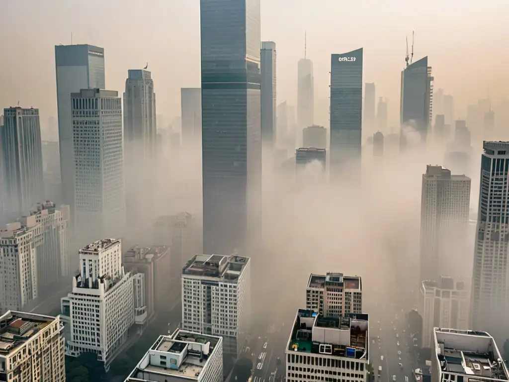 Una ciudad envuelta en smog, con edificios parcialmente ocultos y personas usando máscaras faciales