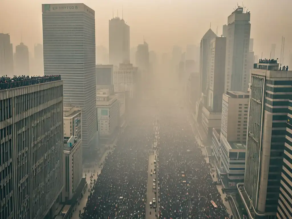Metrópolis sofocada por smog: contraste urbano Una ciudad envuelta en smog, con edificios apenas visibles y personas con máscaras