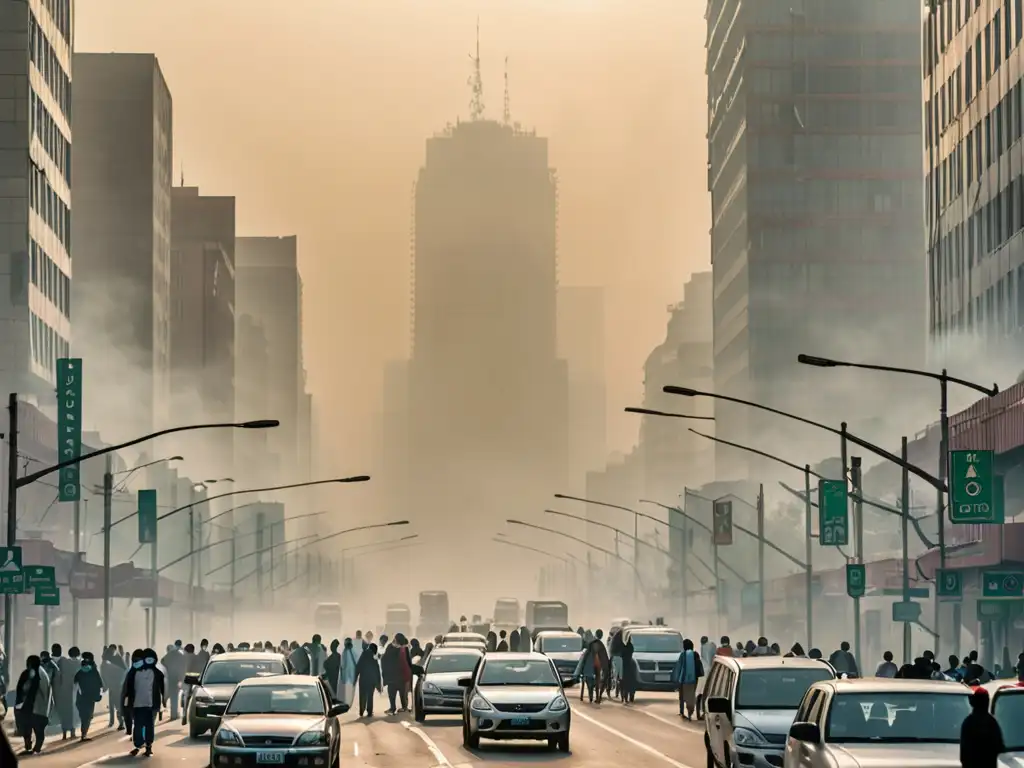 Una ciudad envuelta en smog, con personas usando mascarillas