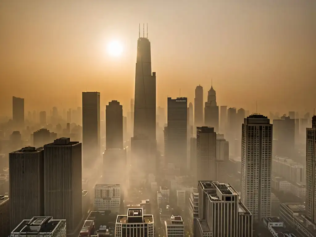 Una ciudad envuelta en smog y personas con máscaras, reflejando la necesidad de legislación calidad del aire global