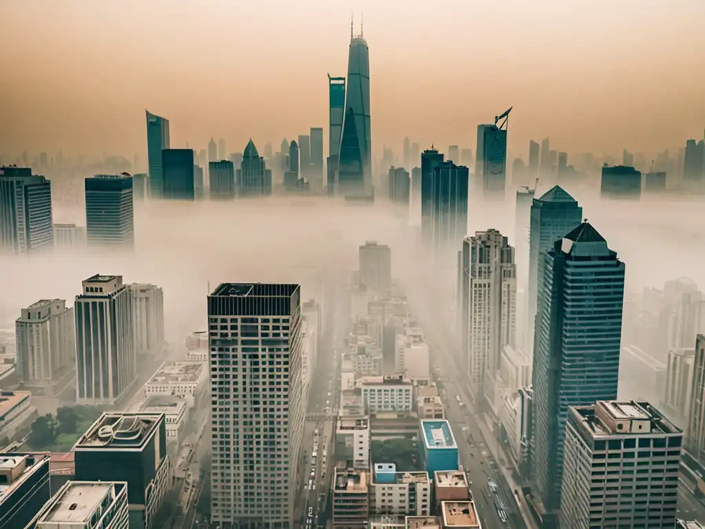 Una ciudad envuelta en smog, con rascacielos apenas visibles y personas usando máscaras faciales