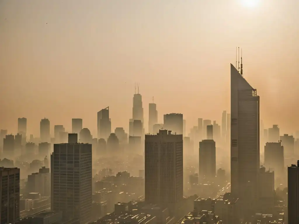 La ciudad envuelta en smog, con el sol luchando por brillar