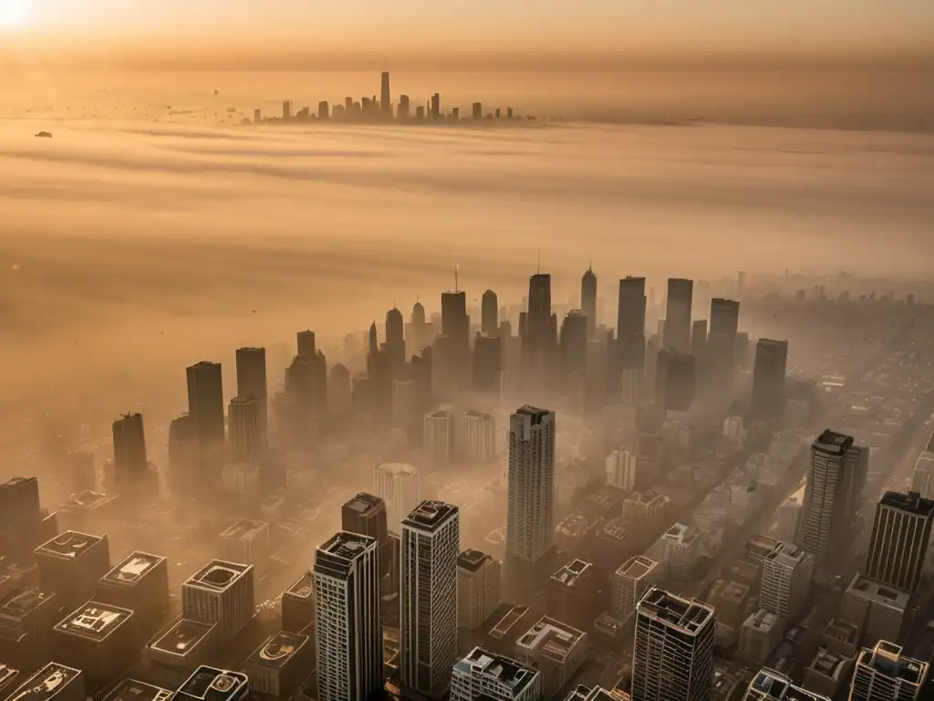 Desafío de la contaminación: ciudad envuelta en smog Una ciudad envuelta en smog, con el sol luchando por brillar