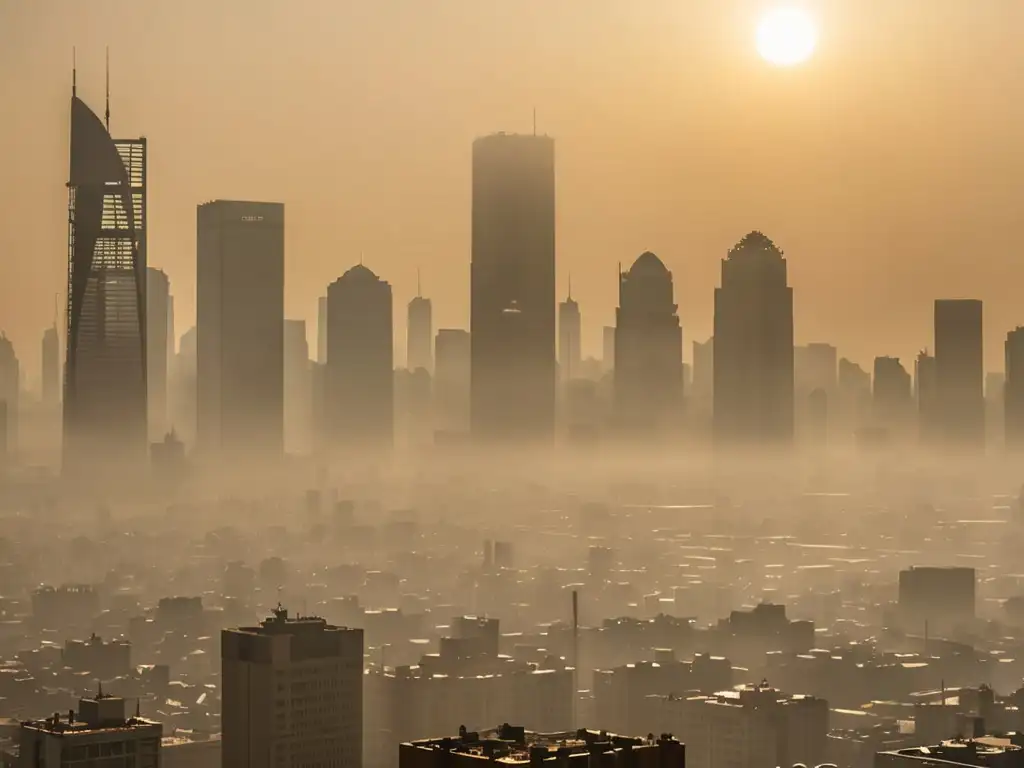 La ciudad envuelta en smog, con el sol luchando por brillar