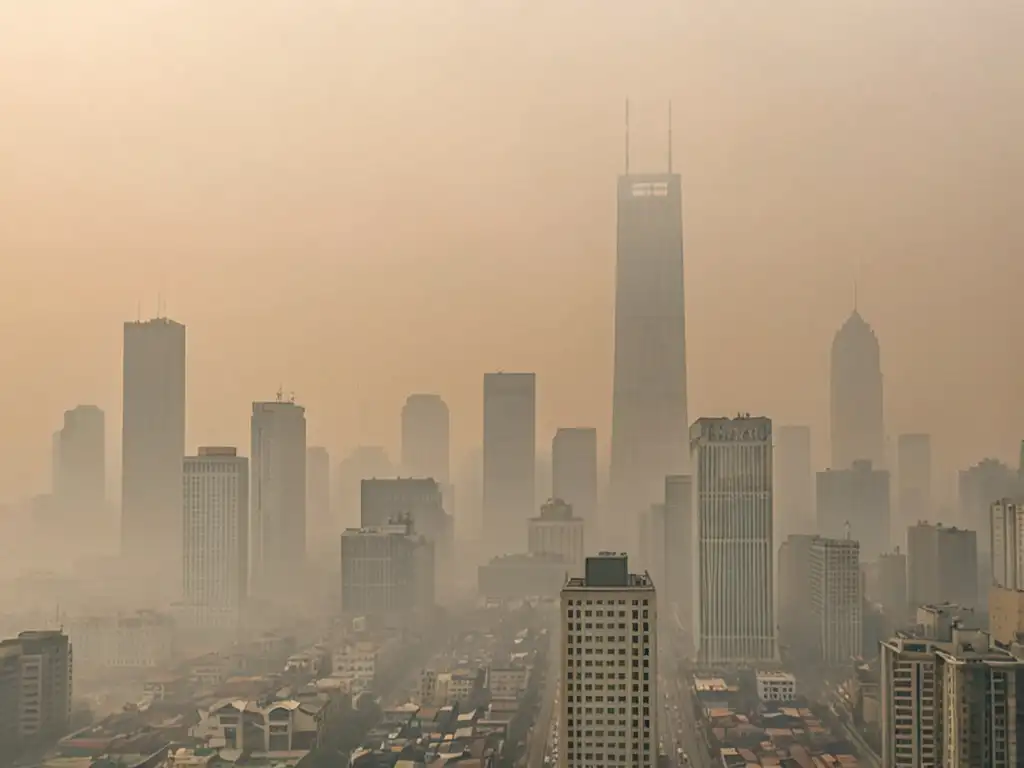 La ciudad se difumina entre la espesa capa de smog, transmitiendo la urgencia de la legislación en protección de la calidad del aire