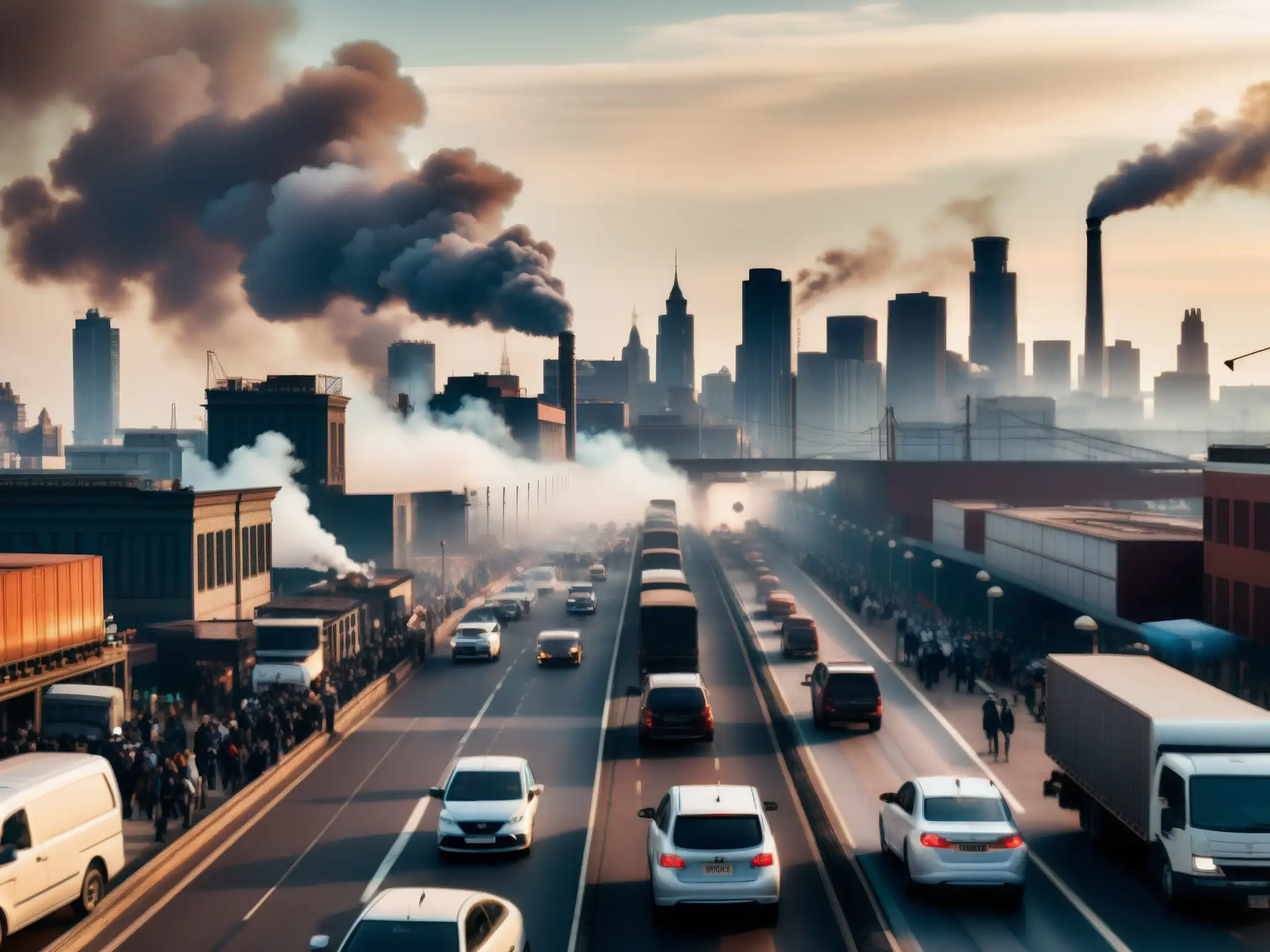 Una ciudad con fábricas emitiendo humo, carreteras llenas de vehículos y personas usando máscaras debido a la contaminación del aire