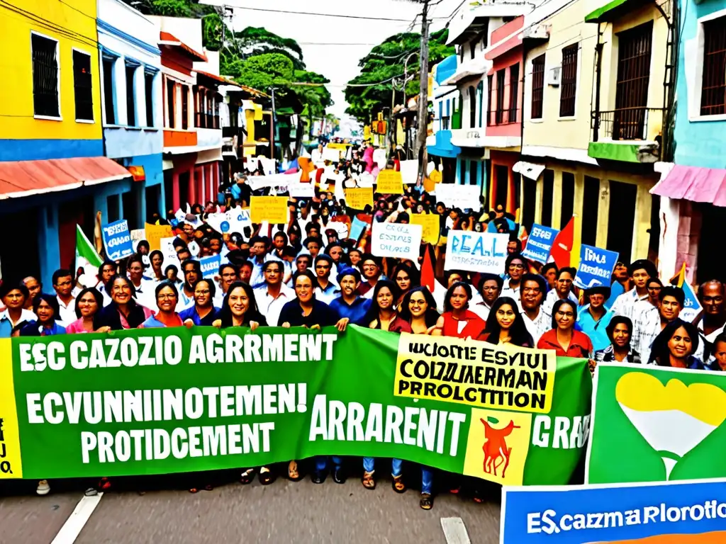 Manifestación en una ciudad latinoamericana, resaltando el impacto global del acuerdo de Escazú en la legislación ambiental y derechos en la región