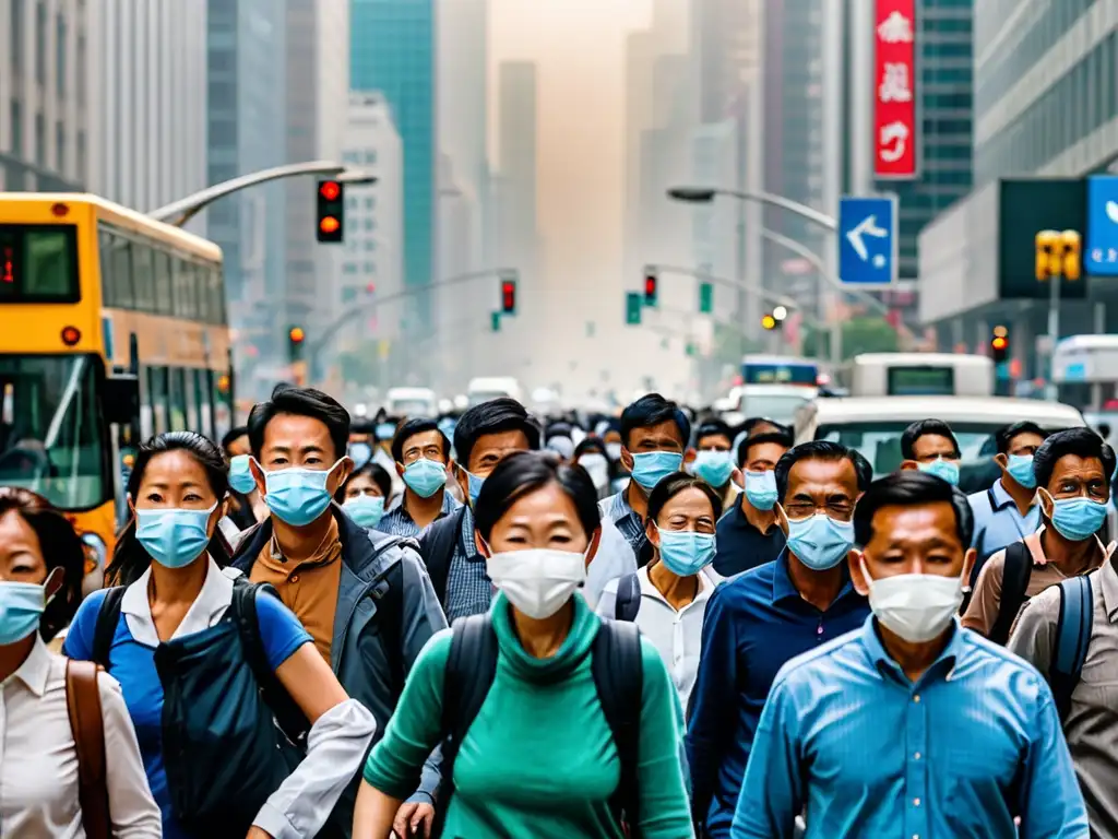 Una ciudad llena de gente con mascarillas, contrastando con rascacielos y un cielo contaminado