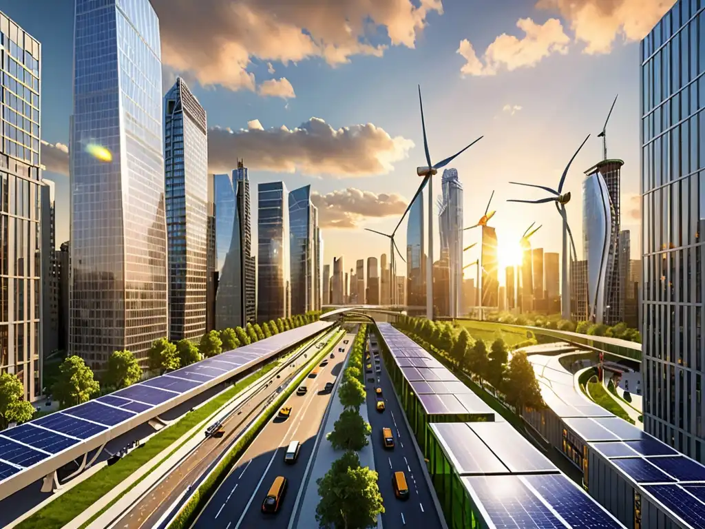 Metrópolis sostenible: integración de energía renovable y urbanismo moderno Una ciudad moderna con energías renovables integradas en su arquitectura