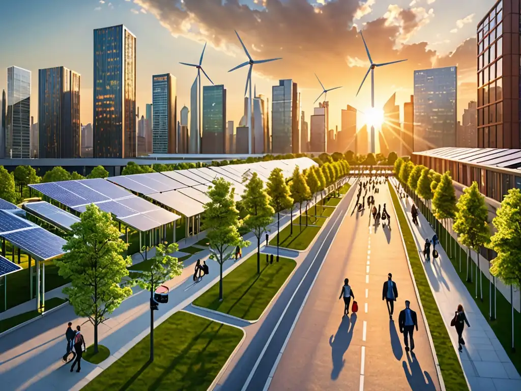 Horizonte urbano sustentable: integración de energía renovable en la ciudad Una ciudad moderna integrando energías renovables en su arquitectura, con paneles solares y turbinas eólicas