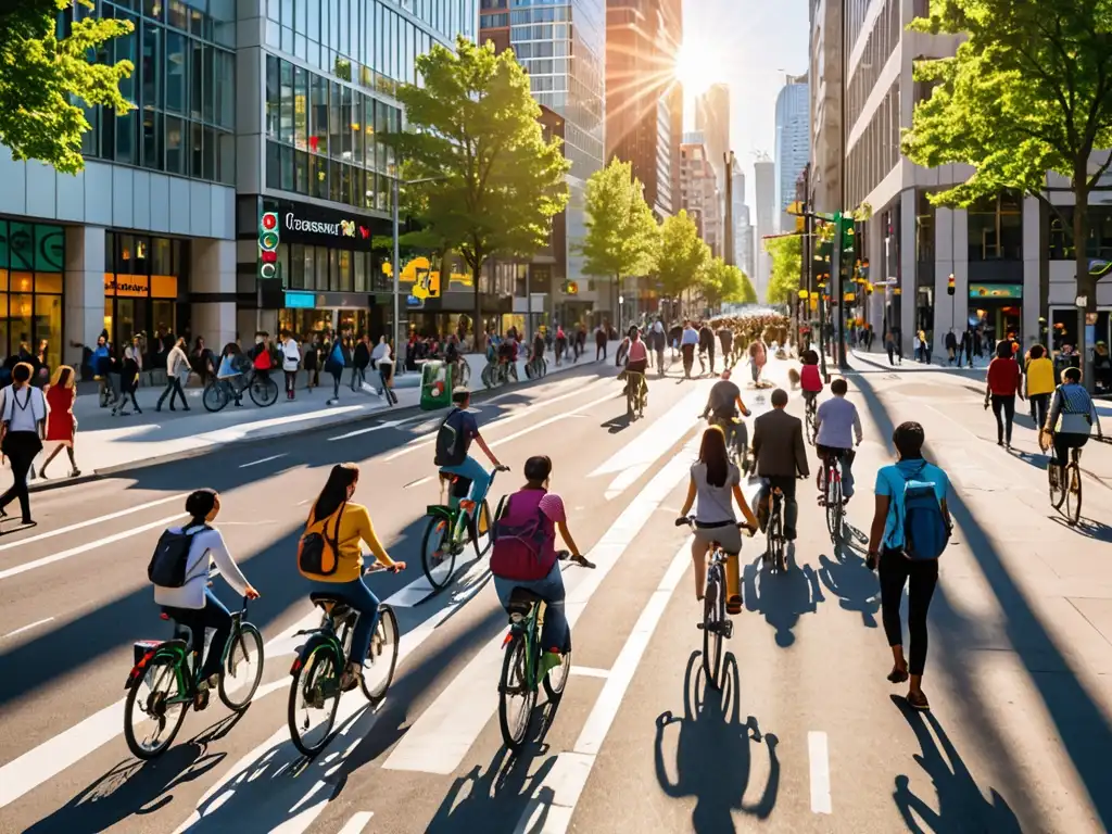 Una ciudad vibrante en transición hacia economía baja carbono, llena de vida, con edificios modernos y opciones de transporte sostenible