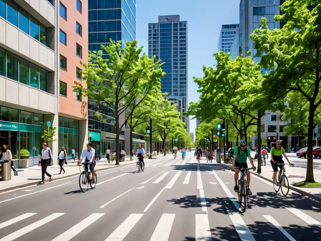 Una ciudad vibrante con edificios modernos y árboles verdes, integrando el derecho ambiental y desarrollo sustentable en su infraestructura urbana