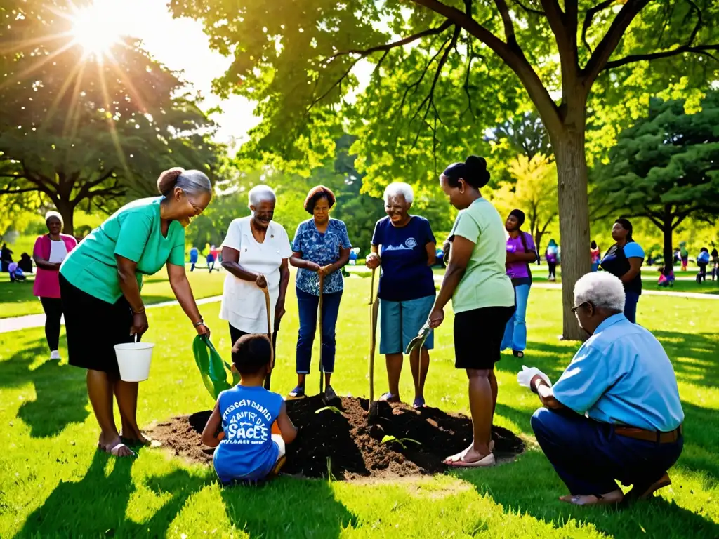 Participación ciudadana preservación espacios verdes: Comunidad diversa unida en parque verde, compartiendo actividades y cuidando el entorno natural