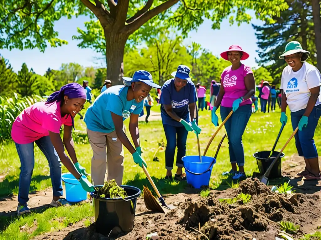 Participación ciudadana preservación espacios verdes: Diverso grupo de voluntarios limpia y embellece un parque en un día soleado y vibrante