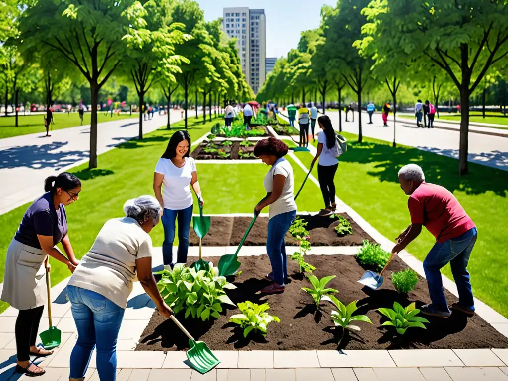 Participación ciudadana en preservación de espacios verdes: diversidad de personas colaborando en un parque urbano vibrante y bien mantenido