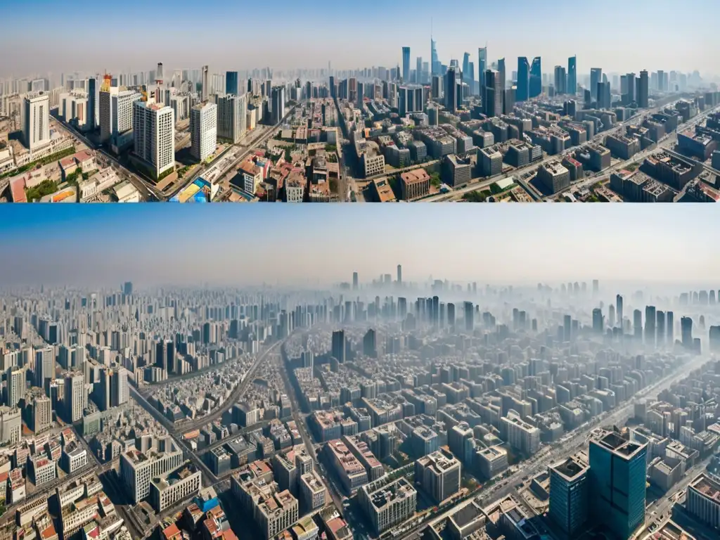 Dos ciudades: una con cielos claros y otra con smog, mostrando la comparativa de legislación calidad aire países