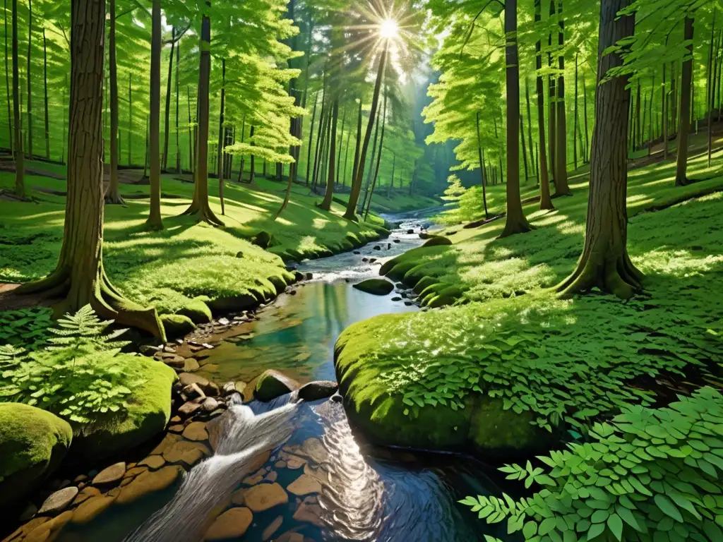 Claro bosque con arroyo serpenteante, árboles verdes y luz solar