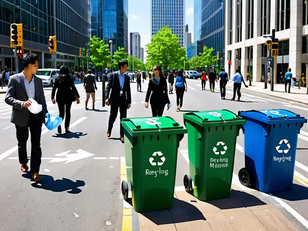 Colaboración ciudadana en la gestión de residuos urbanos, con reciclaje en la bulliciosa calle de la ciudad entre rascacielos y cielo azul