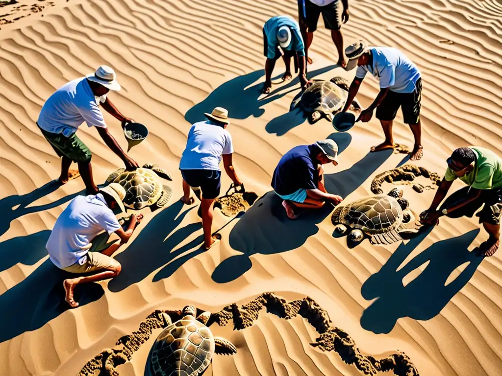 Conservacionistas protegiendo nidos de tortugas marinas al atardecer Colaboración para proteger nidos de tortugas en peligro, medidas globales para proteger especies