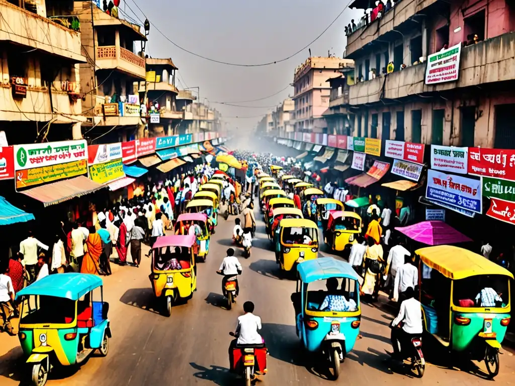 Coloridas rickshaws y bullicio en una calle de Nueva Delhi, India