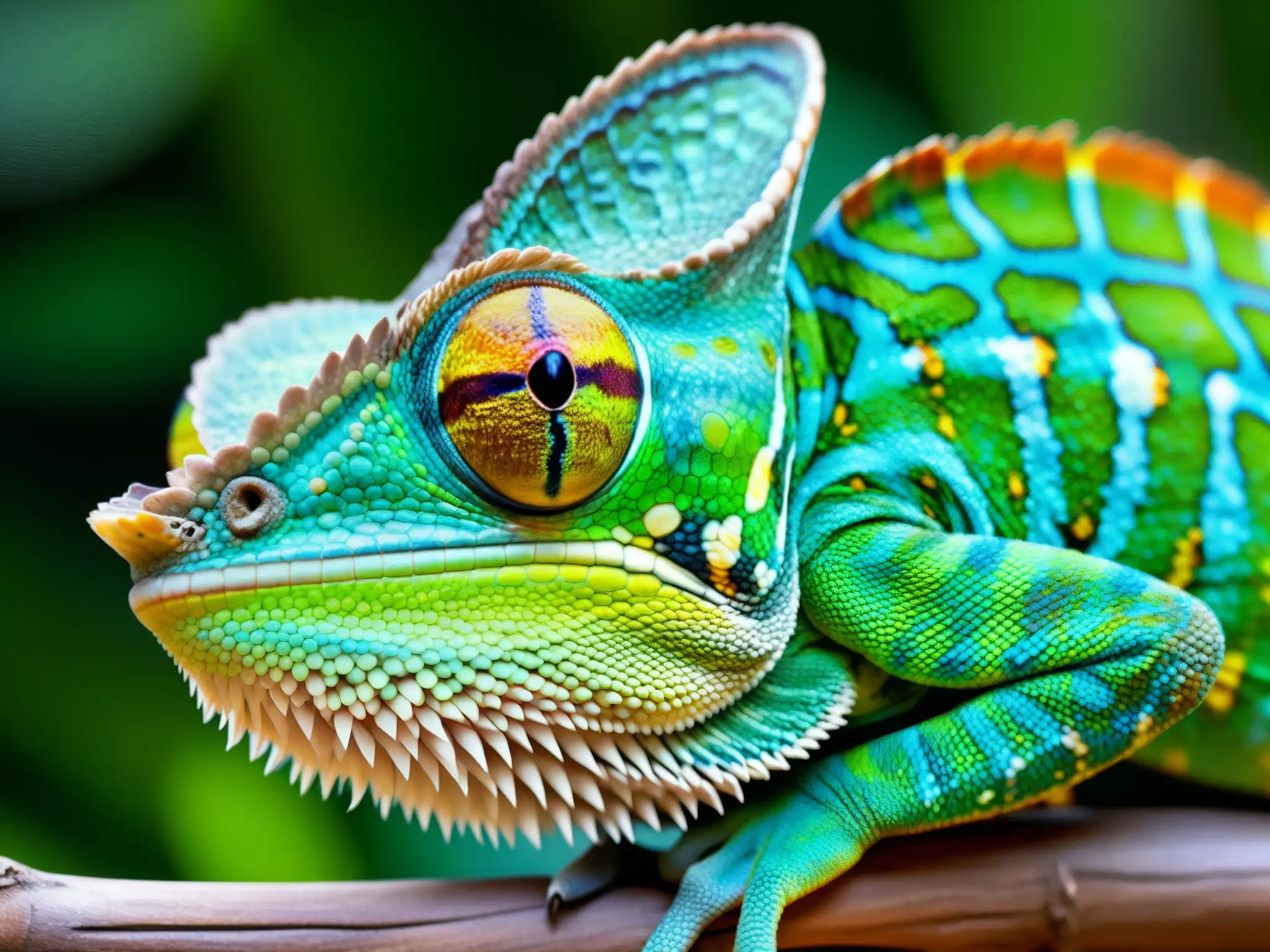 Un camaleón colorido en su hábitat, con escamas detalladas en tonos de verde, amarillo y azul