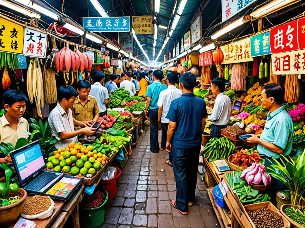 Colorido mercado asiático con flora, fauna y tecnología, reflejando legislación tráfico ilegal en Asia