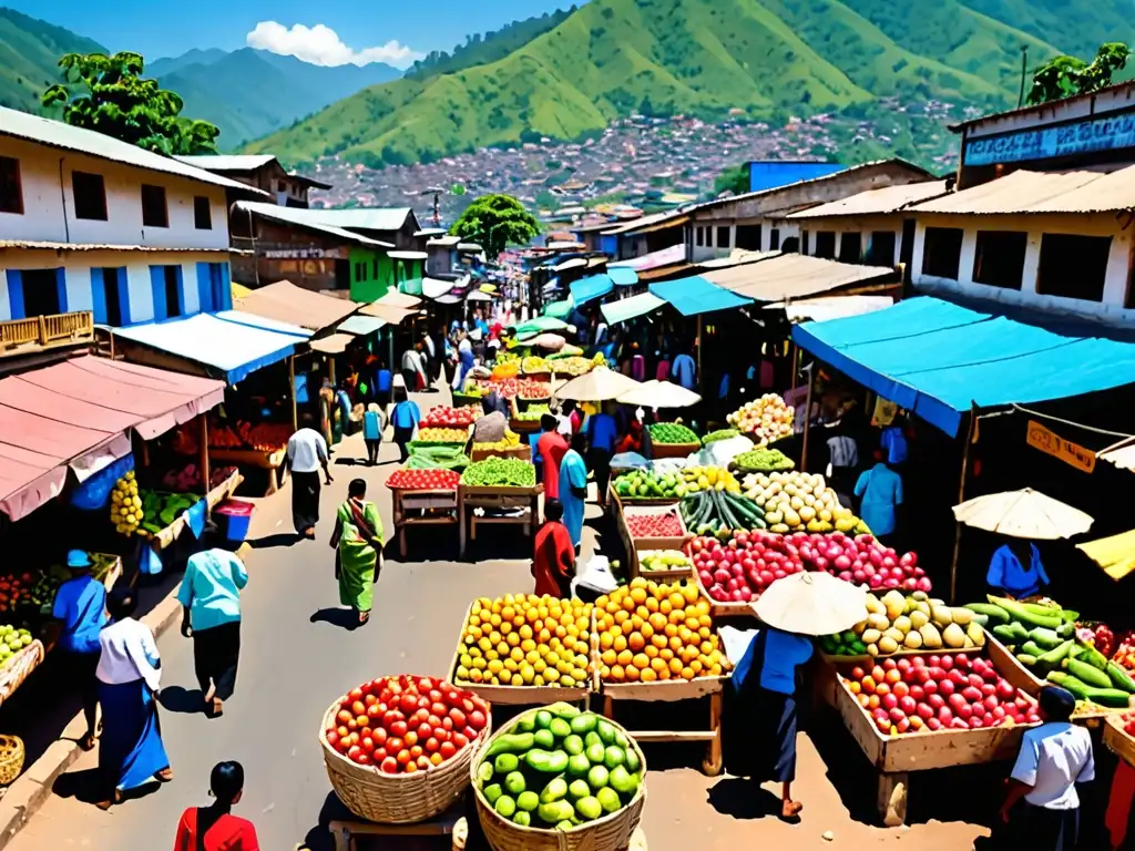 Colorido mercado en un país en desarrollo, con vendedores y productos vibrantes, rodeado de hermosa naturaleza