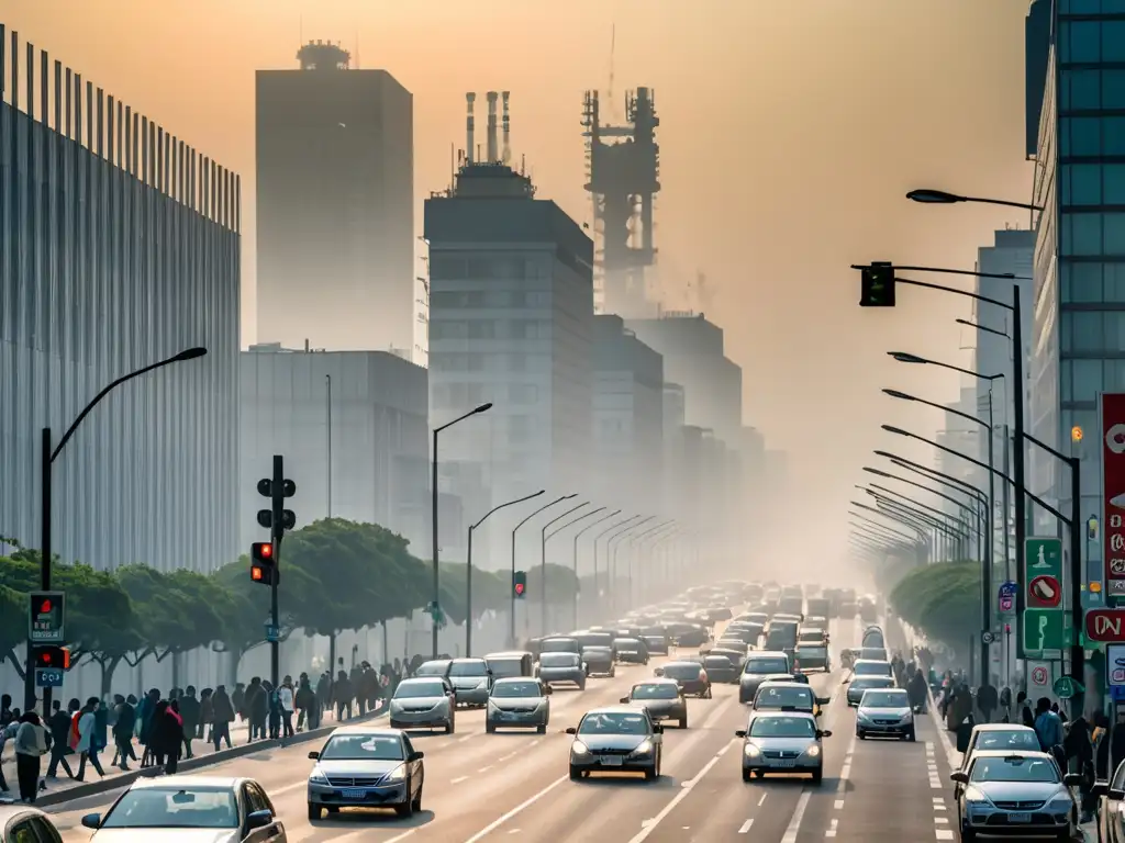 Comparativa Protocolo Kioto Acuerdo París: Calle de la ciudad con smog, destacando la urgencia de abordar el cambio climático a nivel mundial