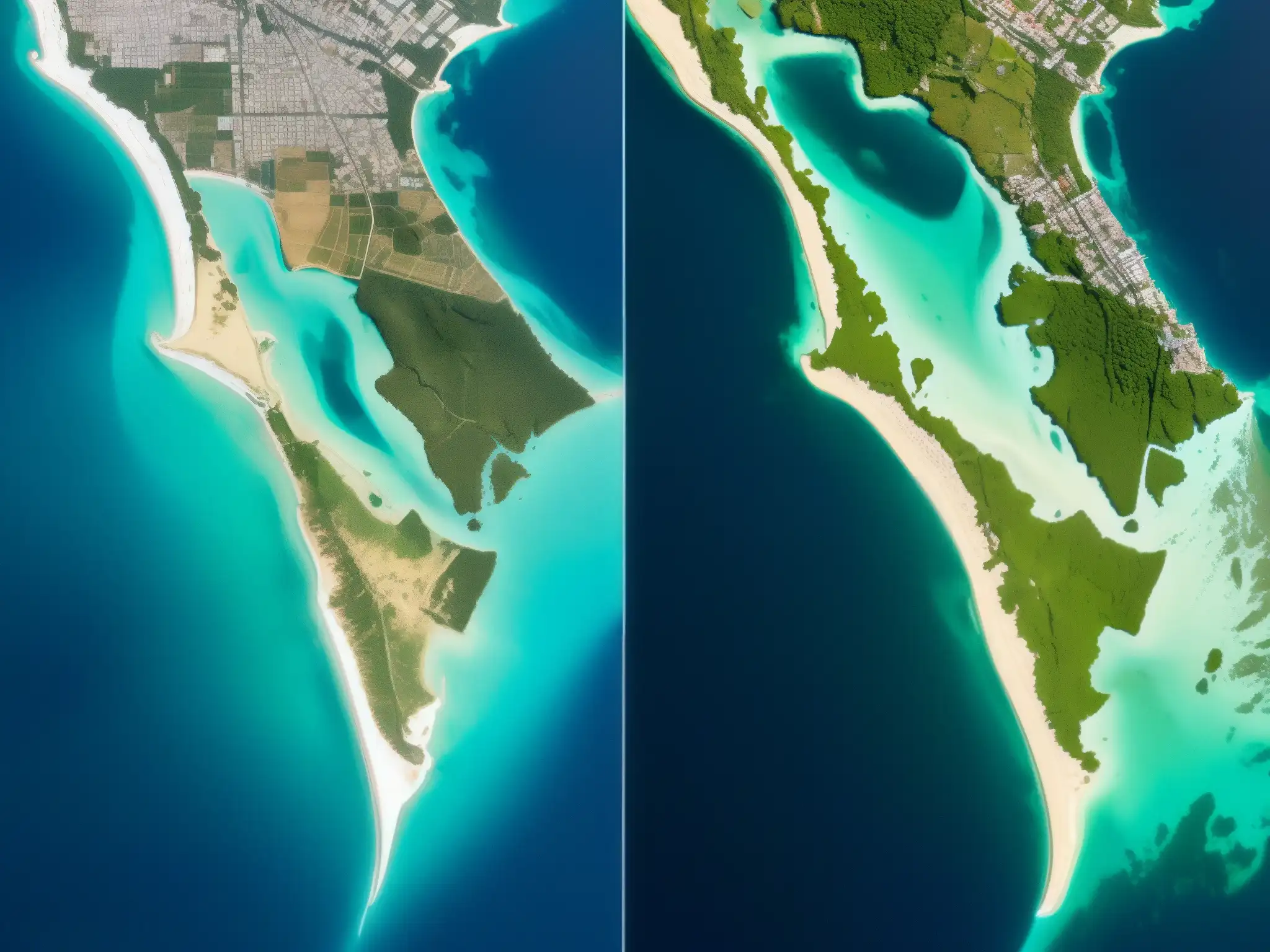 Comparativa Protocolo Kioto Acuerdo París: Impacto del cambio climático en imagen satelital de costa antes y después de los acuerdos