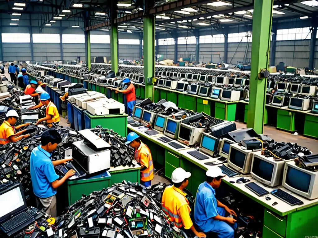 Compleja gestión legal de residuos electrónicos en Asia: trabajadores clasifican dispositivos electrónicos en bulliciosa planta de reciclaje