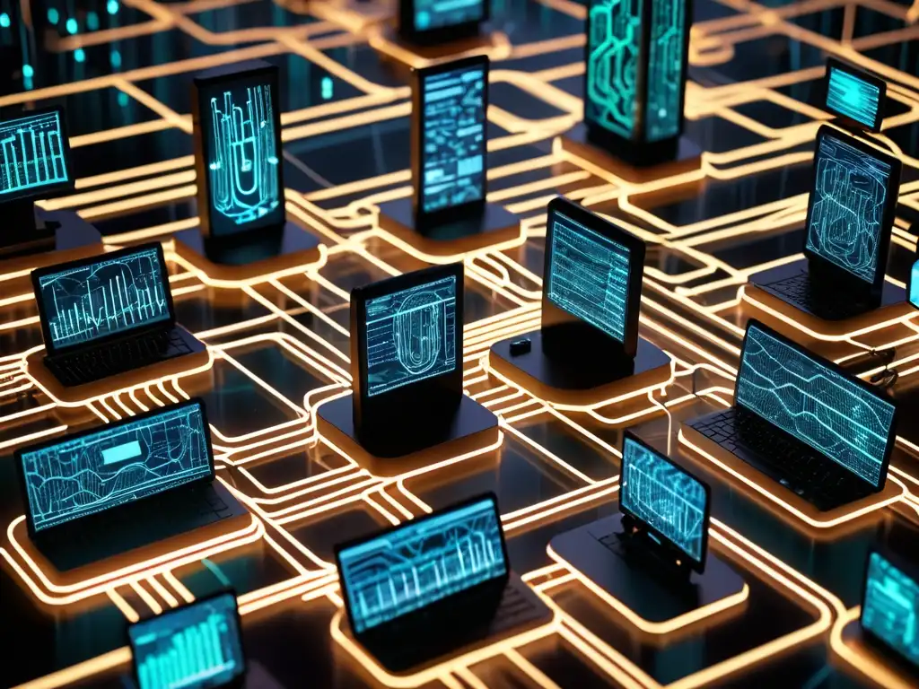 Un complejo entramado de dispositivos digitales y servidores, rodeado por una neblina de partículas de datos e interconectado por líneas brillantes de código, simbolizando los desafíos de regular emisiones en la era digital