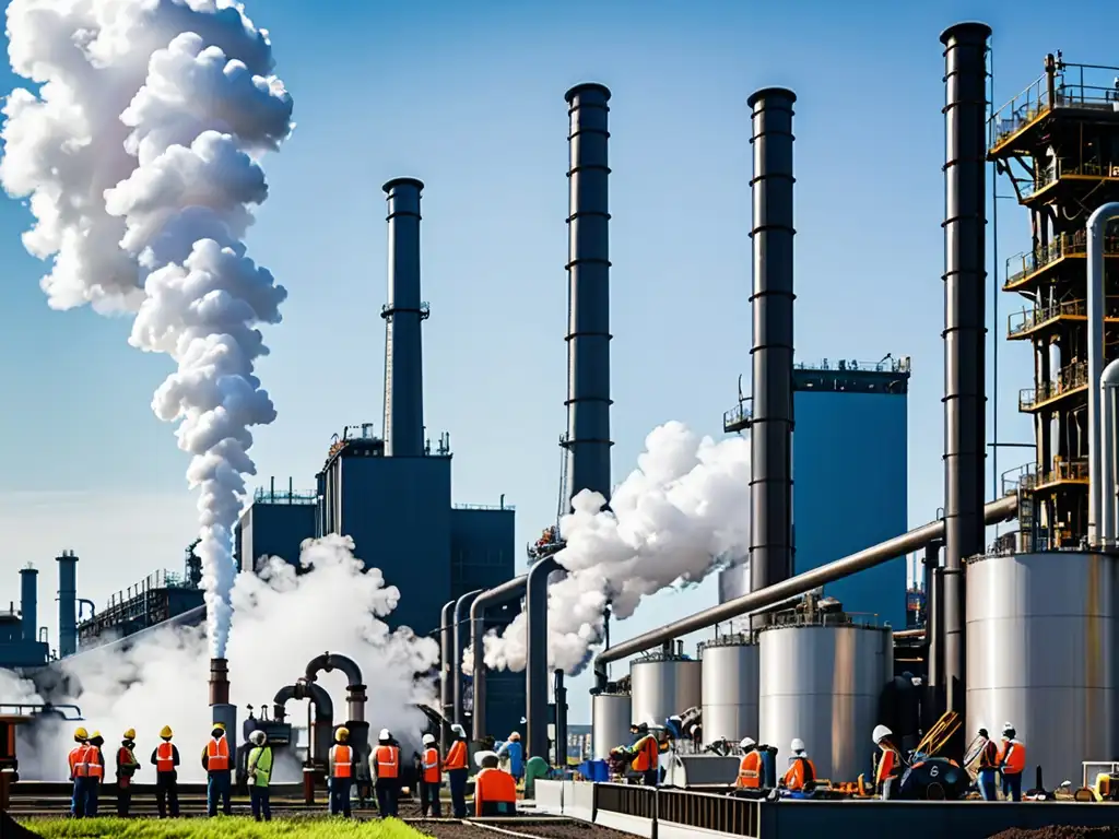 Un complejo industrial bullicioso con chimeneas emitiendo vapor blanco y obreros supervisando la operación