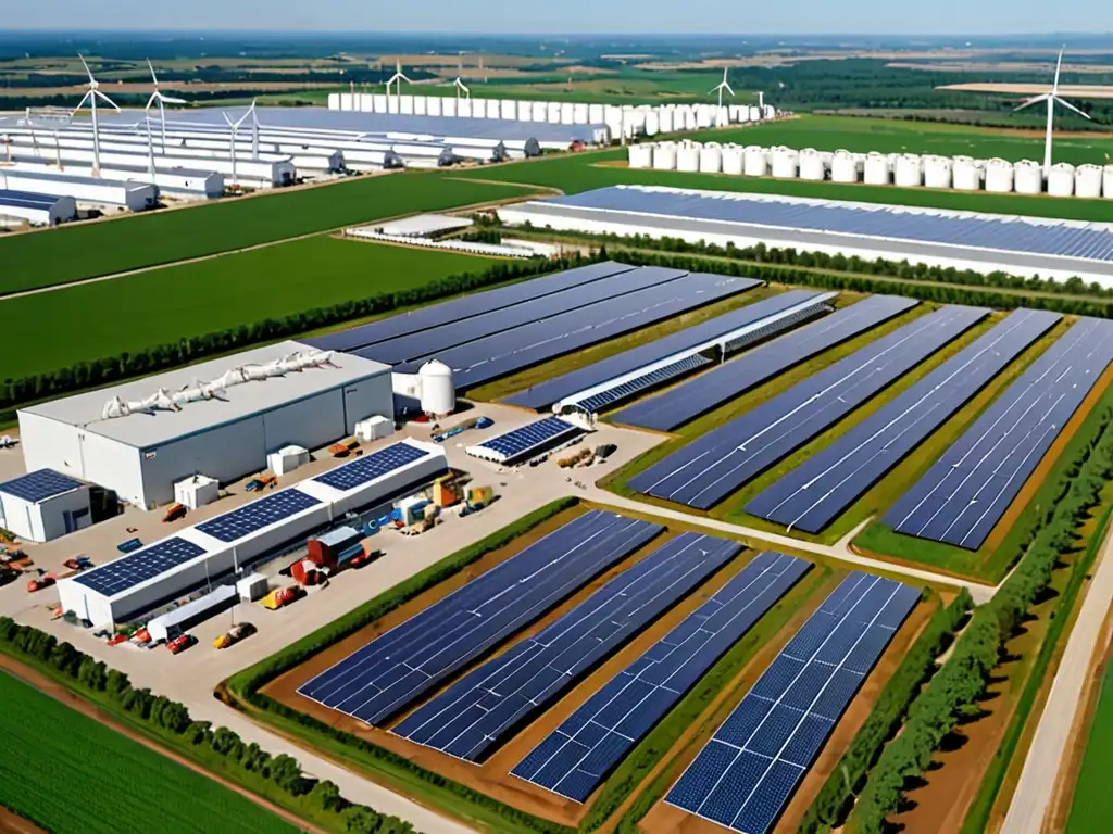 Un complejo industrial ecoamigable con energía solar y eólica, rodeado de naturaleza biodiversa